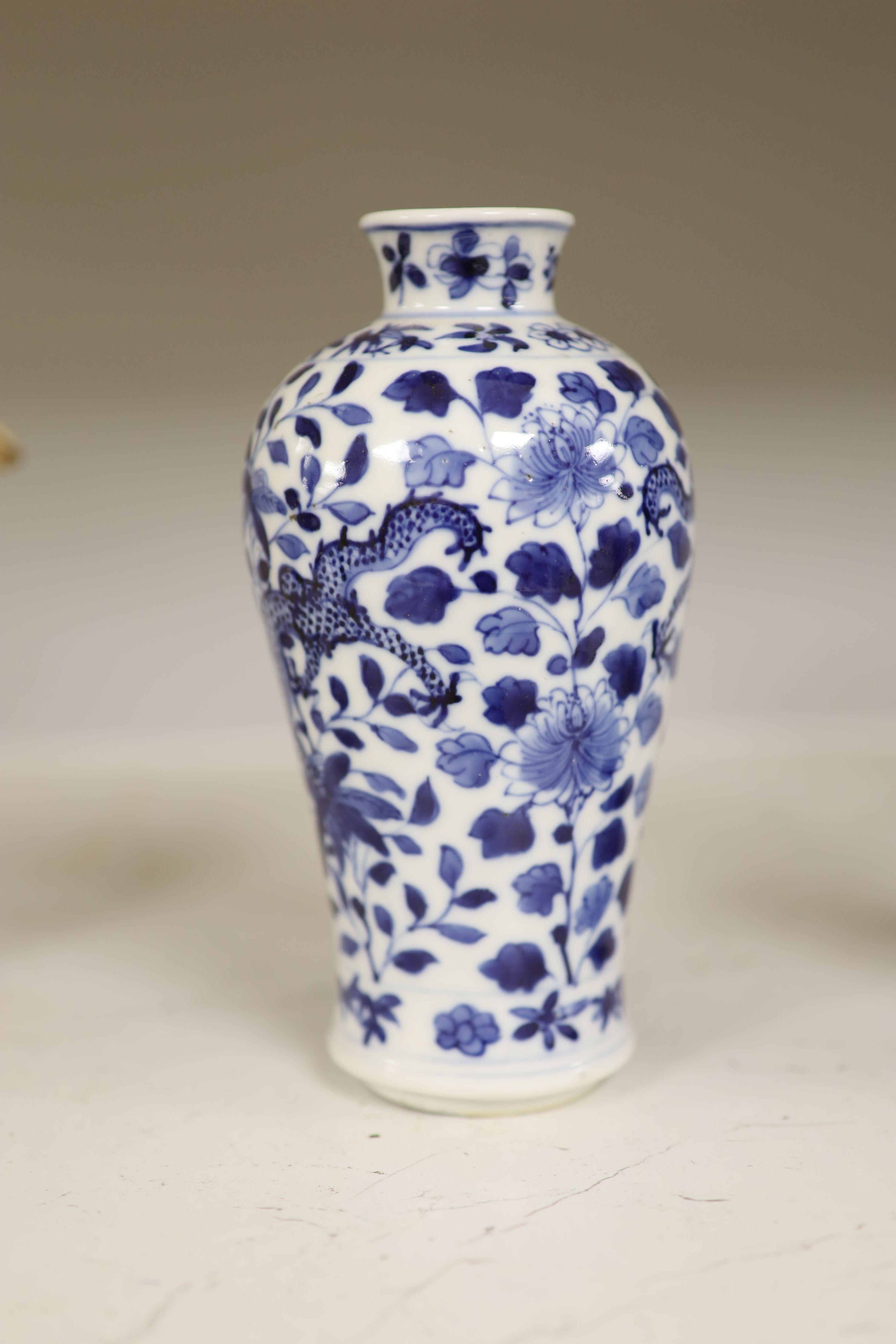 A late 19th century Chinese blue and white dragon vase, height 18cm